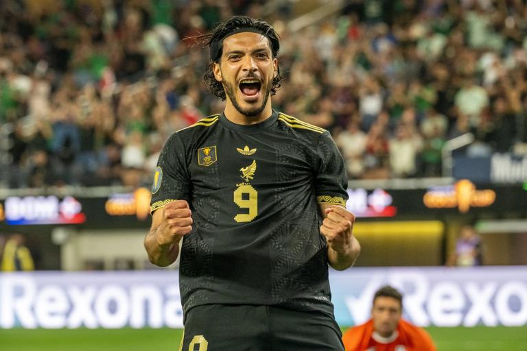INGLEWOOD, CALIFORNIA - JUNE 14:  Raul Jimenez #9 of Mexico celebrates after scoring a goal during the second half of the Gold Cup match against Dominican Republic at SoFi Stadium on June 14, 2025 in Inglewood, California. Mexico won 3-2. (Photo by Shaun Clark/Getty Images)
