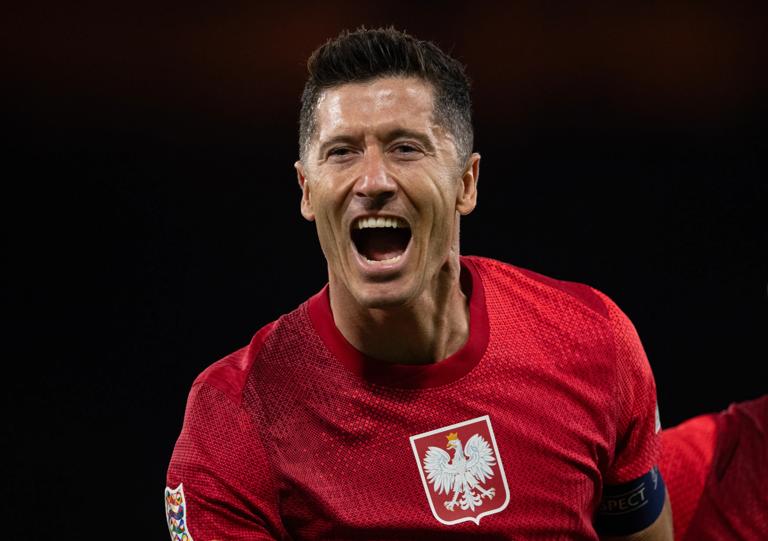 GLASGOW, SCOTLAND - SEPTEMBER 5: Robert Lewandowski of Poland celebrates scoring his team's second goal during the UEFA Nations League 2024/25 League A Group A1 match between Scotland and Poland at on September 5, 2024 in Glasgow, Scotland. (Photo by Joe Prior/Visionhaus via Getty Images)